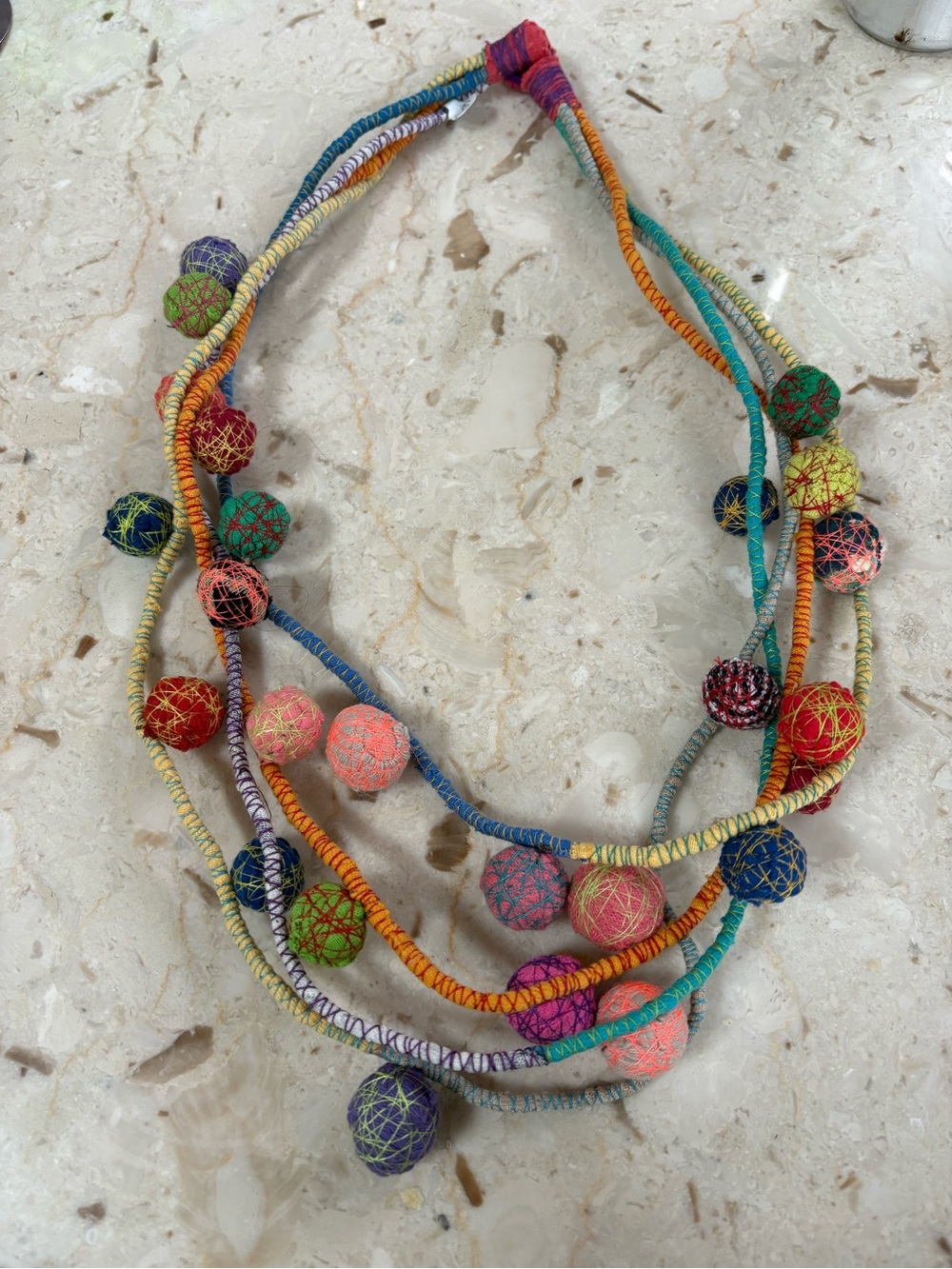 Multistrand Colorful Bead Necklace with Fabric-Wrapped Strands